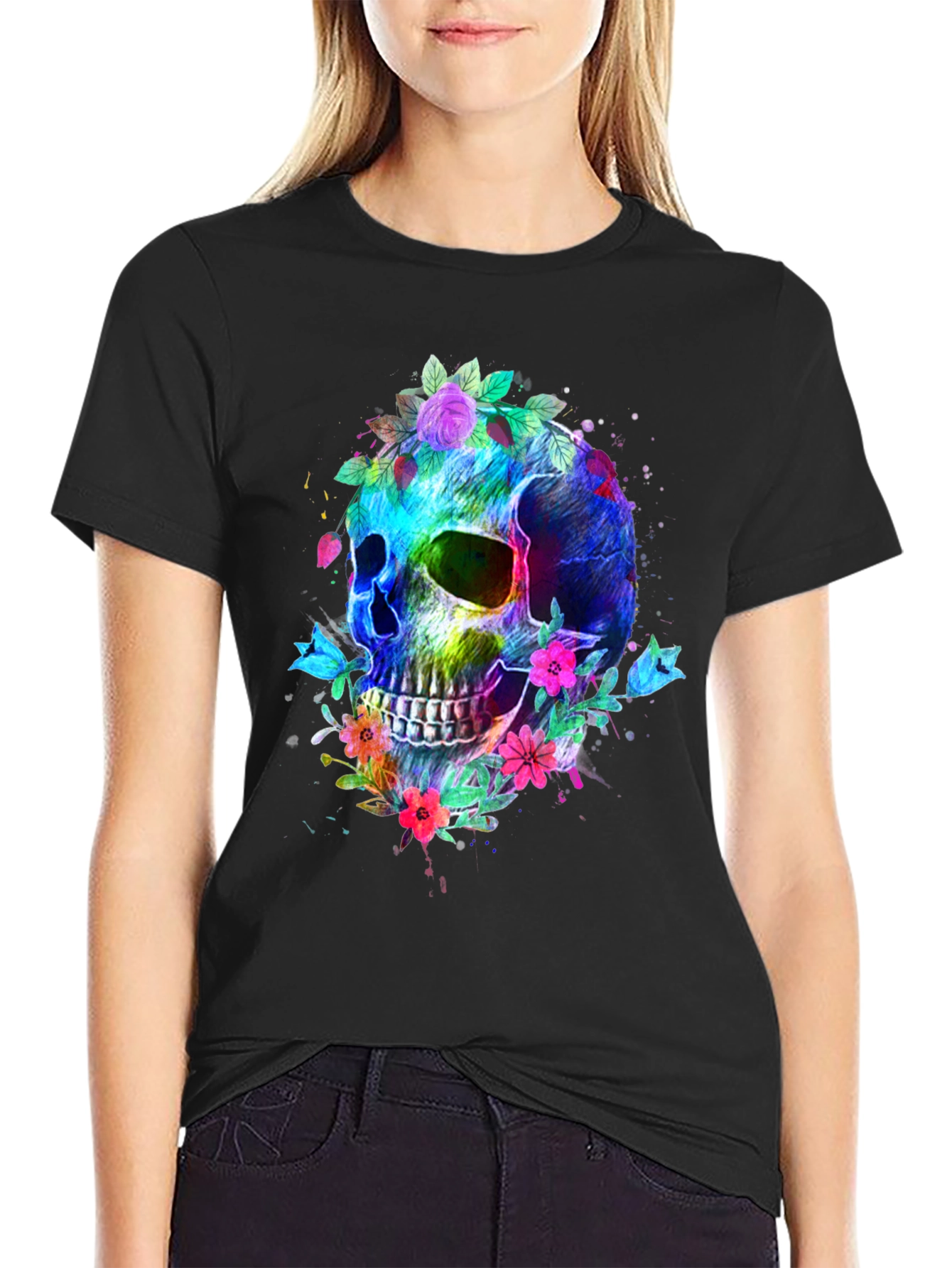 Floral Skull Graphic T-Shirt - Vibrant & Bold