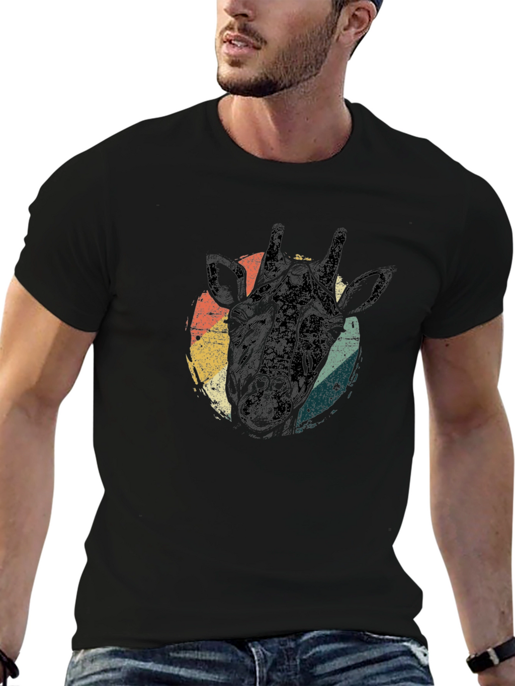 Retro Giraffe Head Graphic Tee - Black