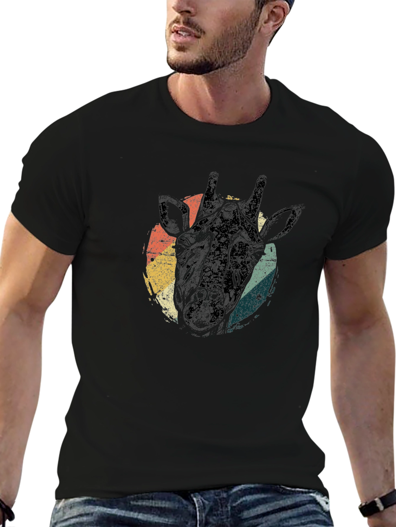 Retro Giraffe Head Graphic Tee - Black