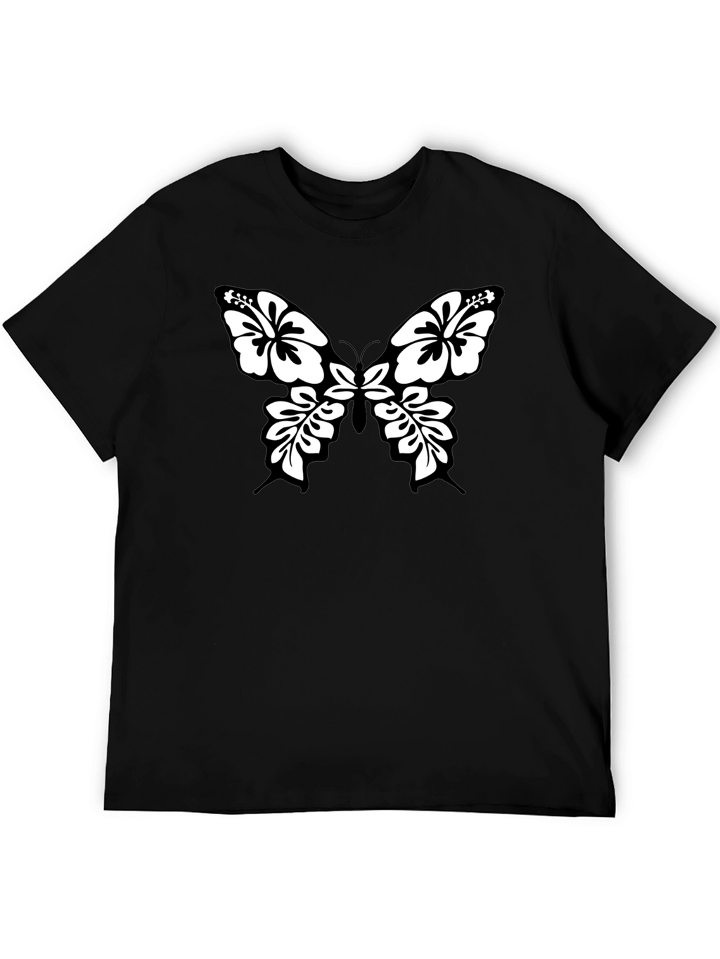 Black Tee with Floral Butterfly Graphic