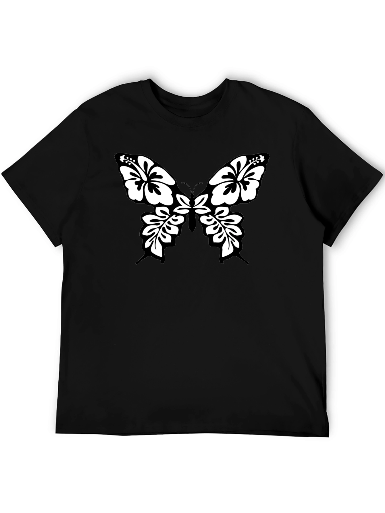 Black Tee with Floral Butterfly Graphic