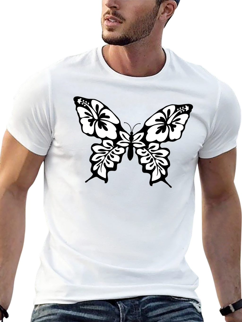 Black Tee with Floral Butterfly Graphic