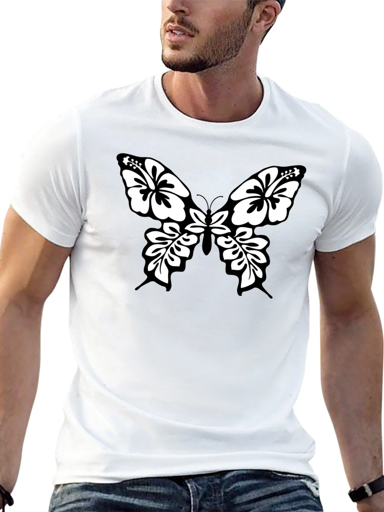 Black Tee with Floral Butterfly Graphic