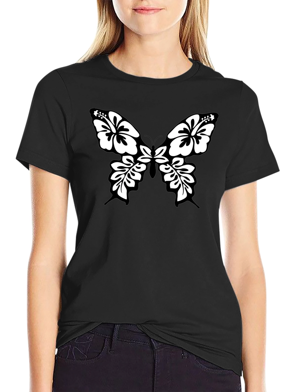 Black Tee with Floral Butterfly Graphic