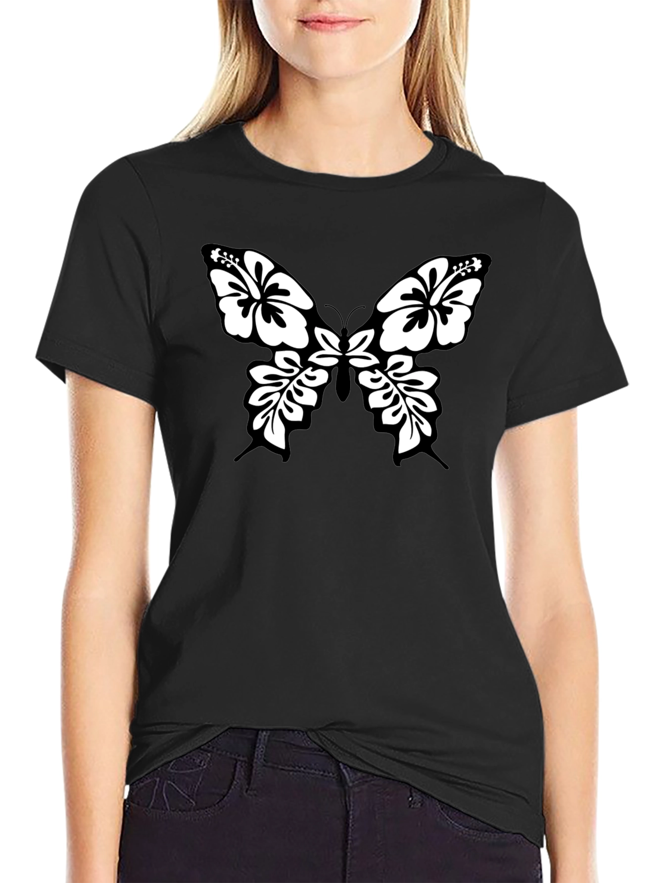 Black Tee with Floral Butterfly Graphic