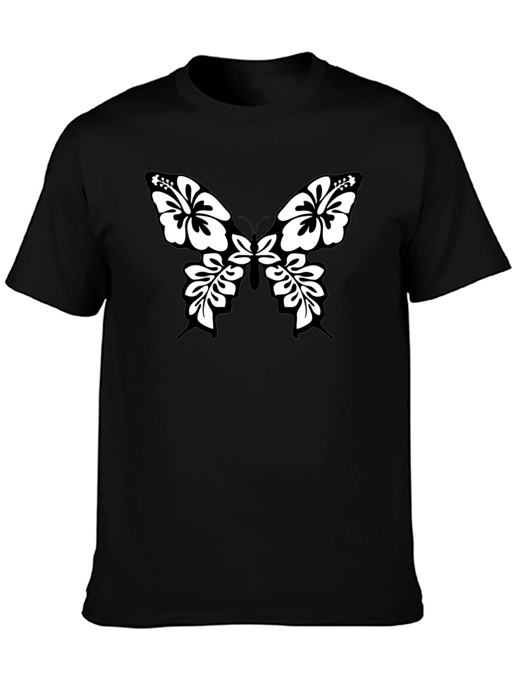 Black Tee with Floral Butterfly Graphic