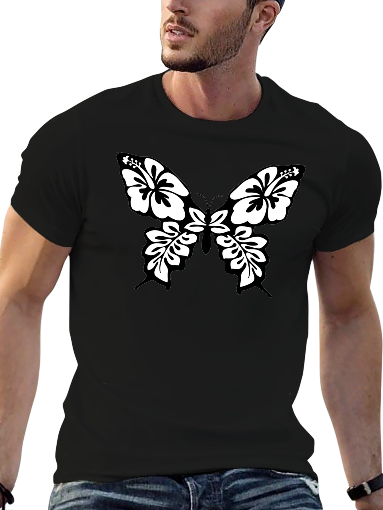 Black Tee with Floral Butterfly Graphic