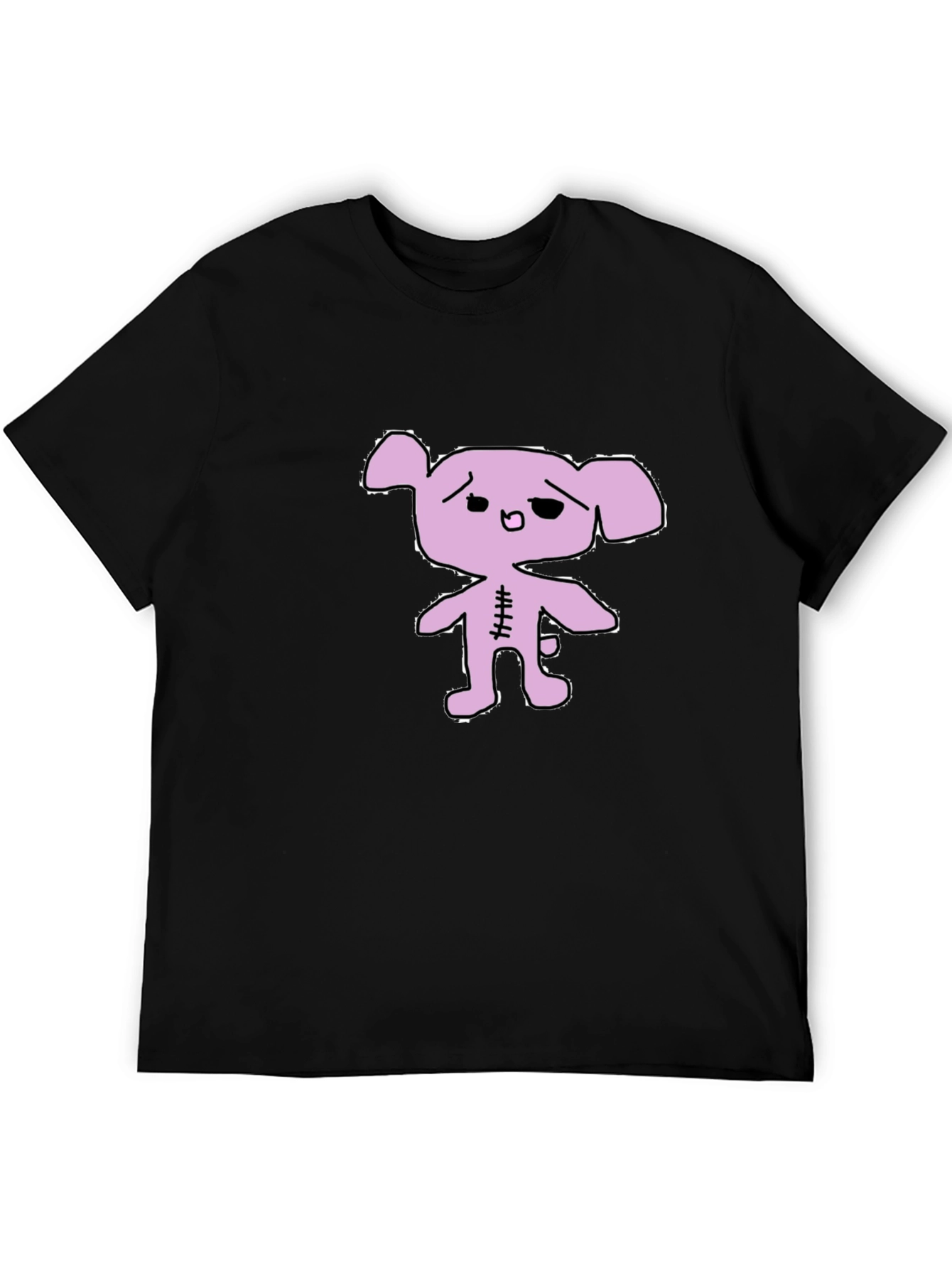 Black T-Shirt with Lilac Cartoon Bear Graphic