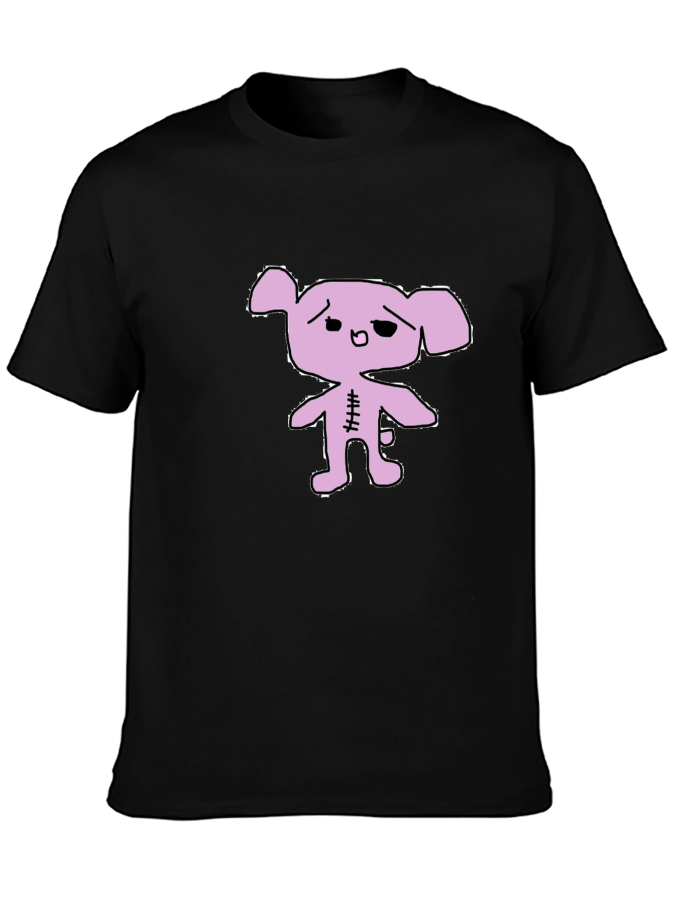 Black T-Shirt with Lilac Cartoon Bear Graphic