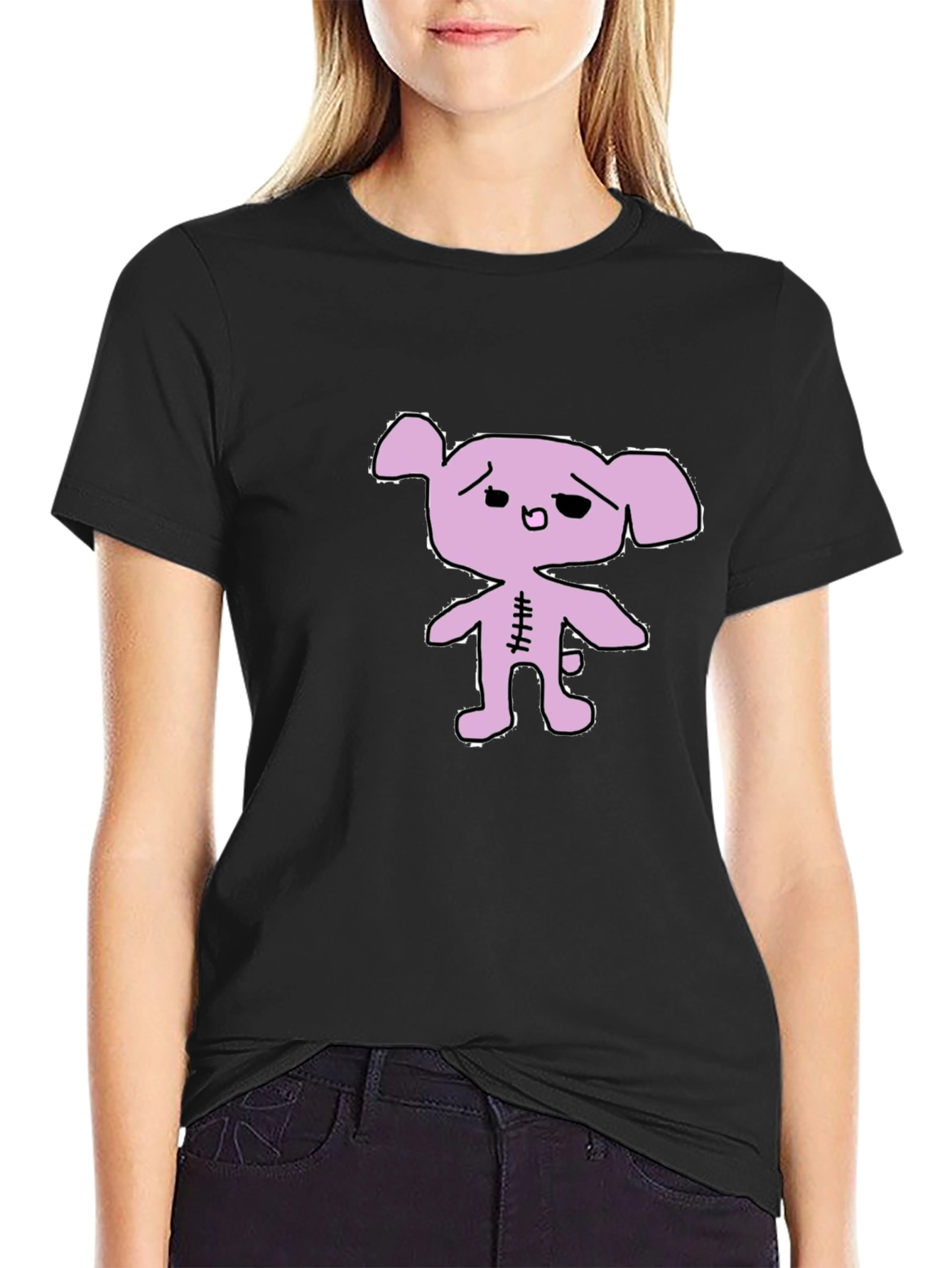 Black T-Shirt with Lilac Cartoon Bear Graphic