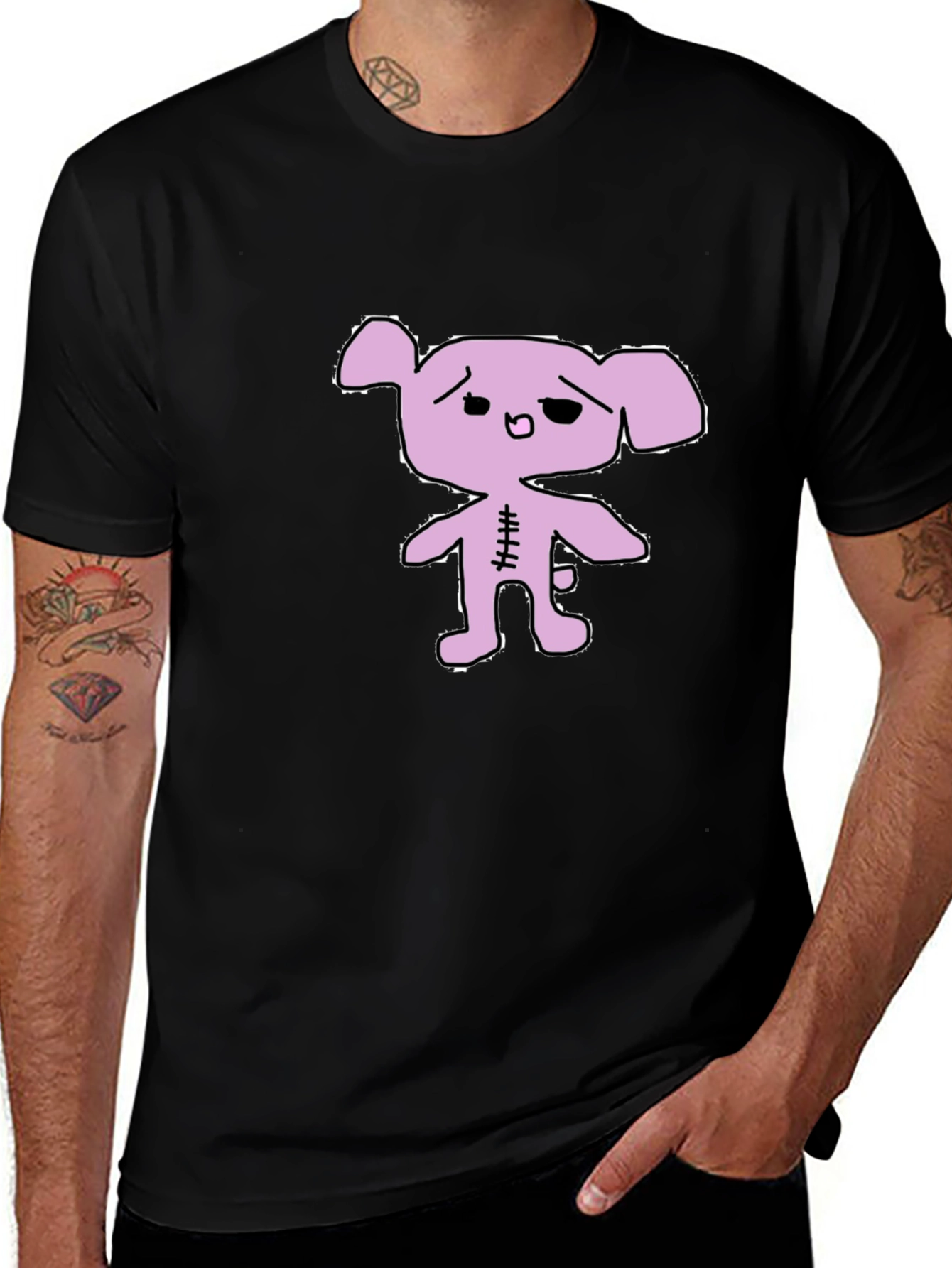 Black T-Shirt with Lilac Cartoon Bear Graphic