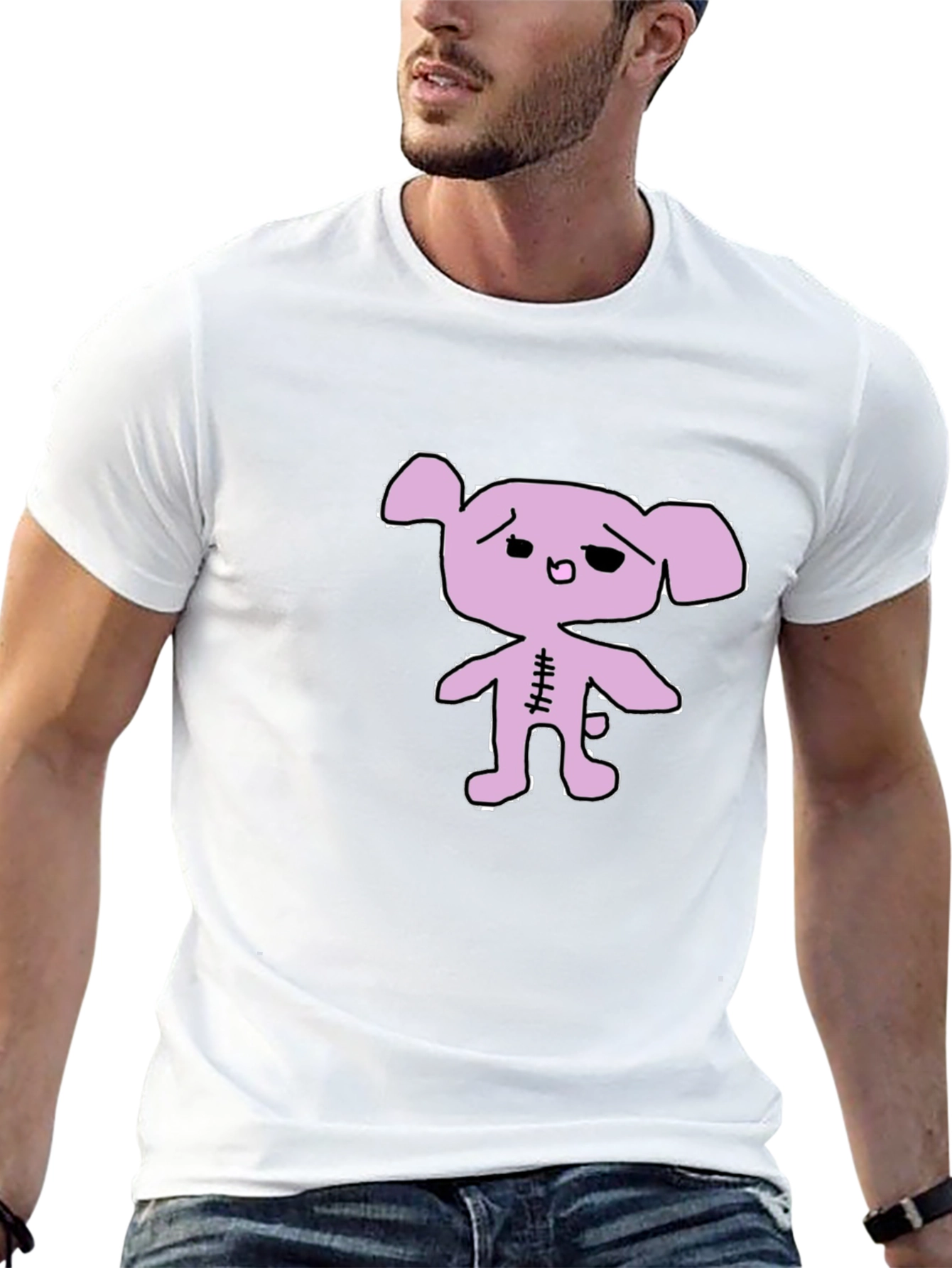 Black T-Shirt with Lilac Cartoon Bear Graphic