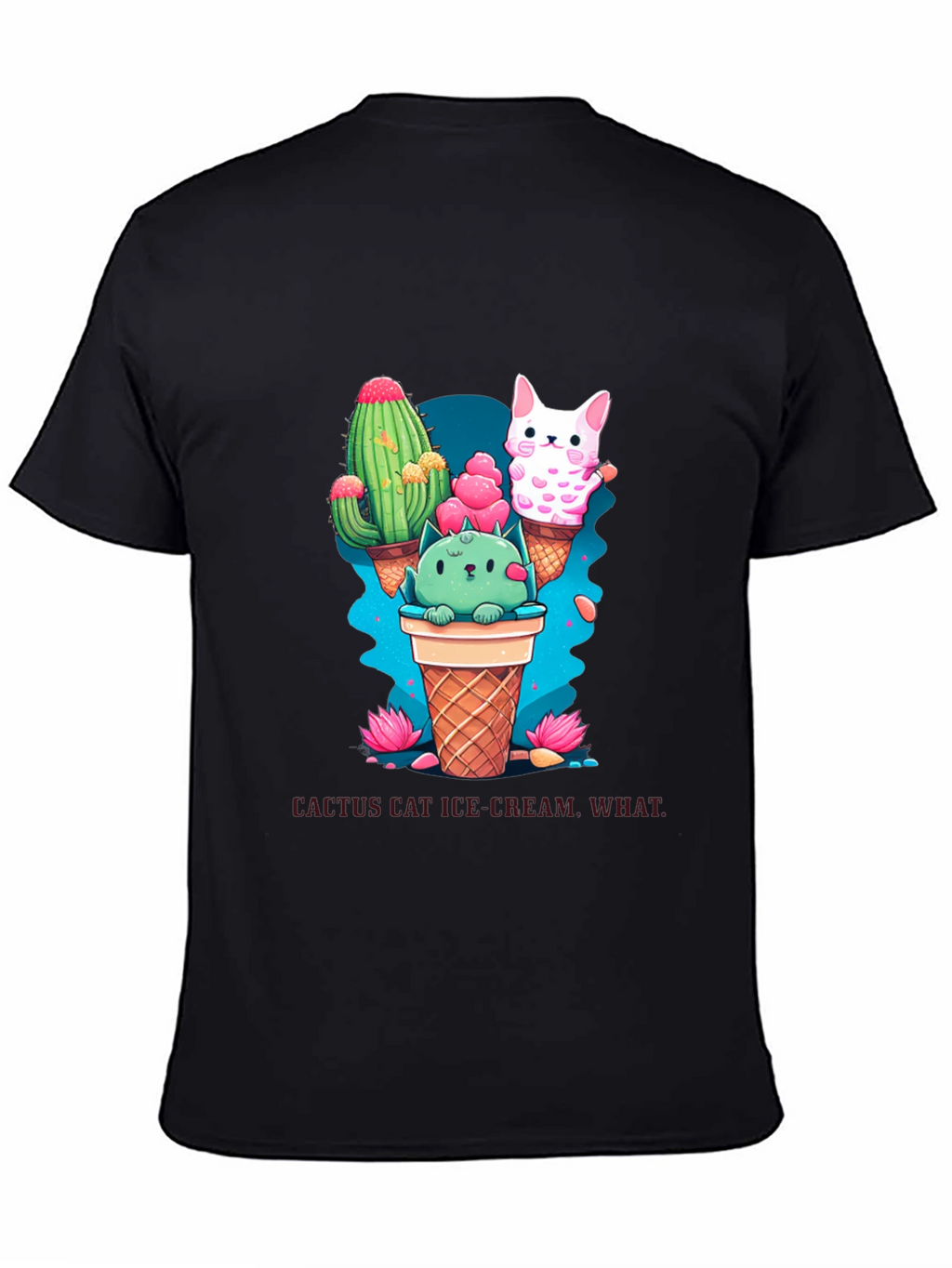 Cactus Cat Ice Cream Black T-Shirt