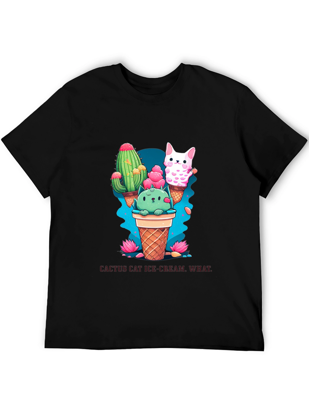 Cactus Cat Ice Cream Black T-Shirt