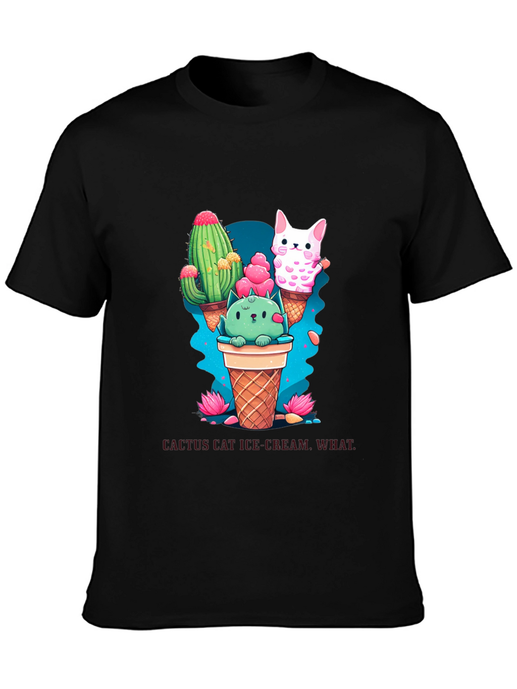 Cactus Cat Ice Cream Black T-Shirt