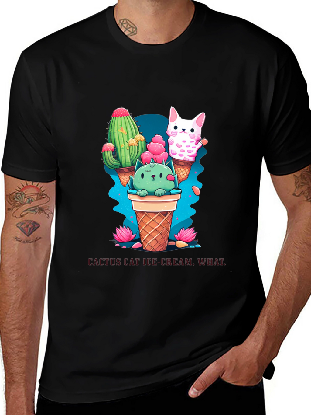 Cactus Cat Ice Cream Black T-Shirt