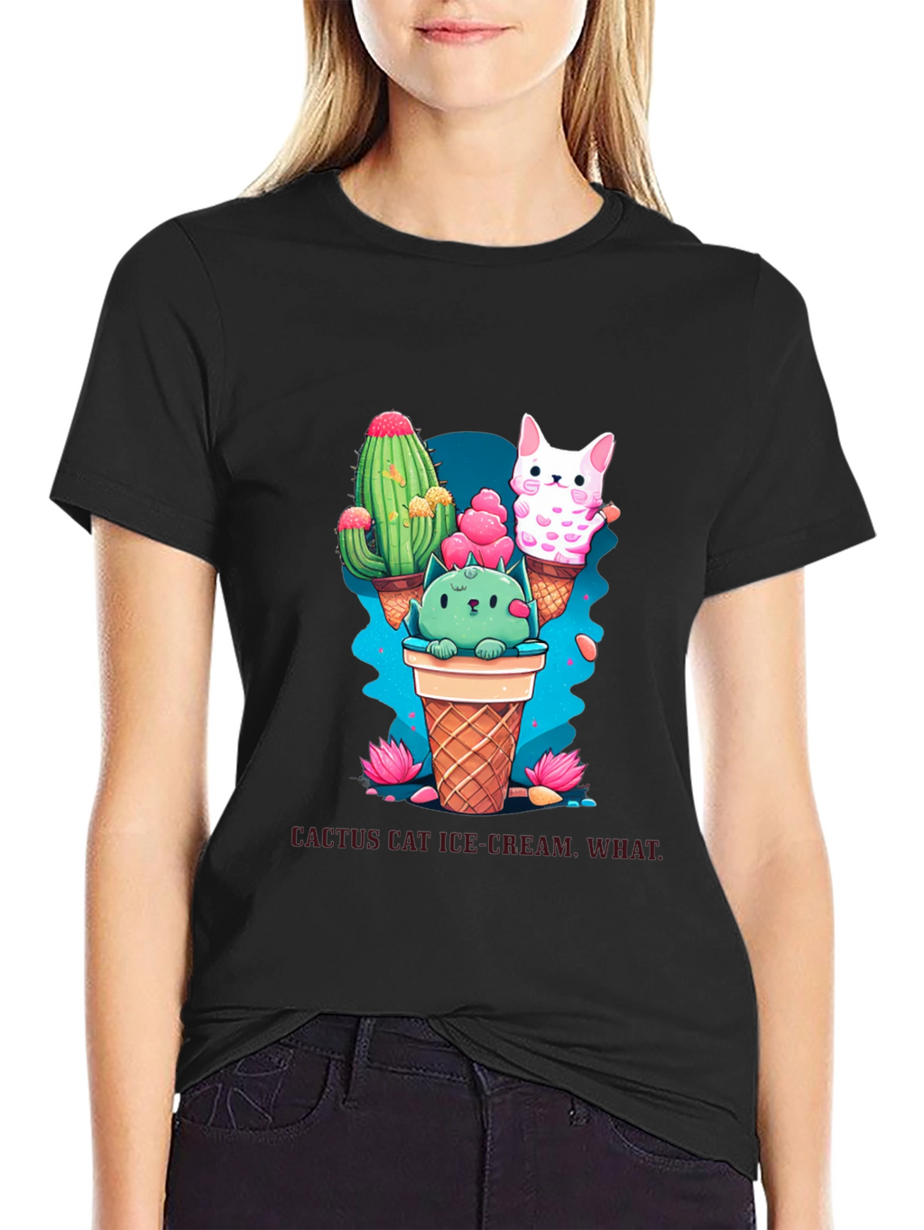 Cactus Cat Ice Cream Black T-Shirt