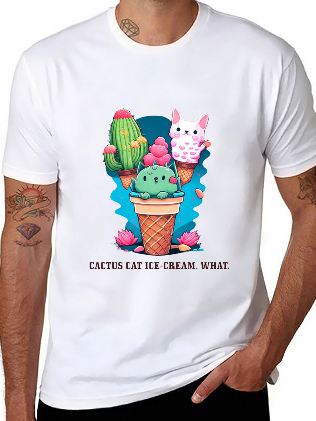 Cactus Cat Ice Cream Black T-Shirt