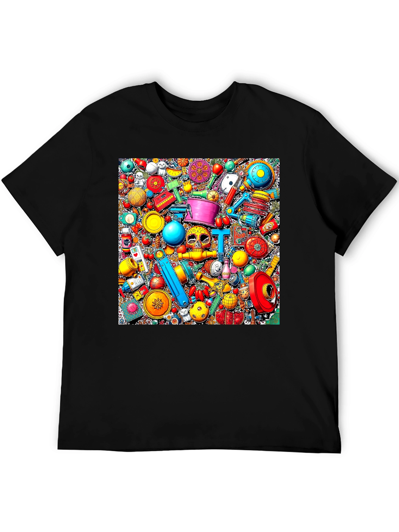 Colorful Objects Pattern Black T-Shirt
