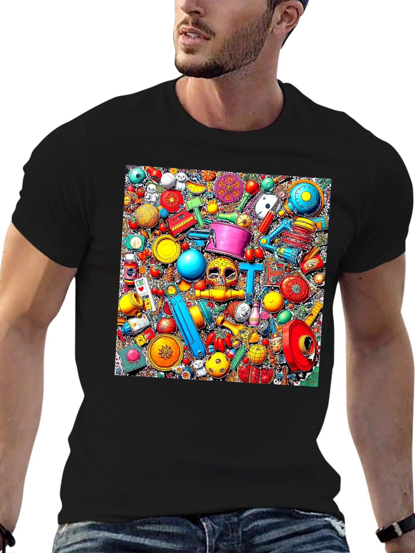 Colorful Objects Pattern Black T-Shirt