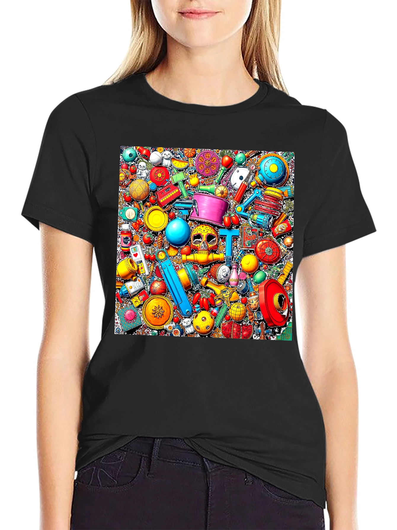 Colorful Objects Pattern Black T-Shirt