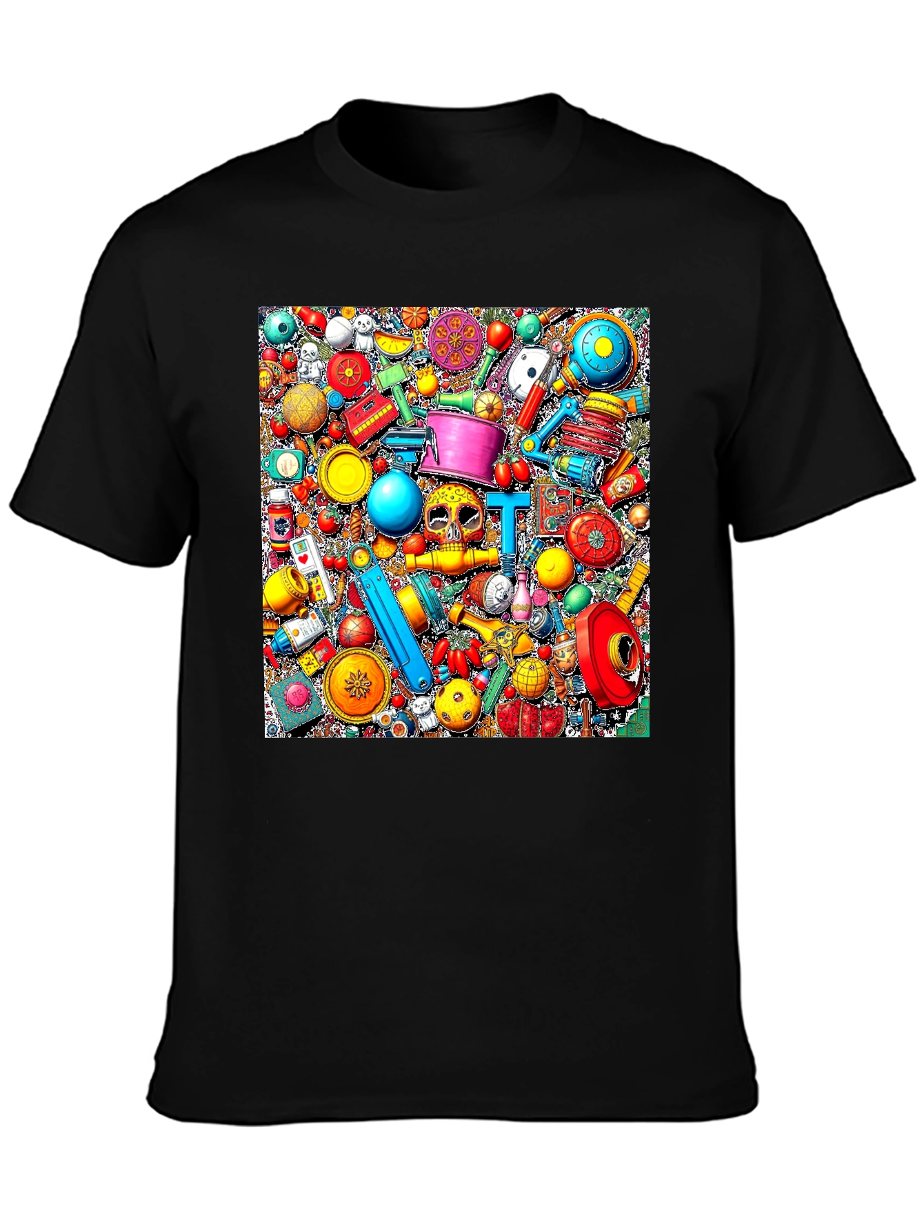 Colorful Objects Pattern Black T-Shirt
