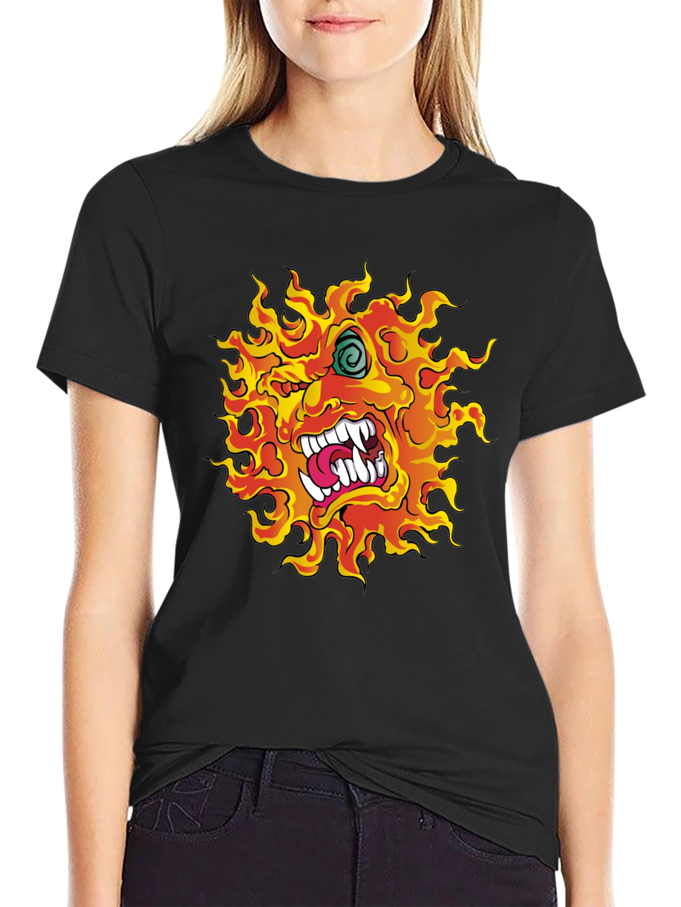 Fiery Monster Graphic Print Black T-Shirt