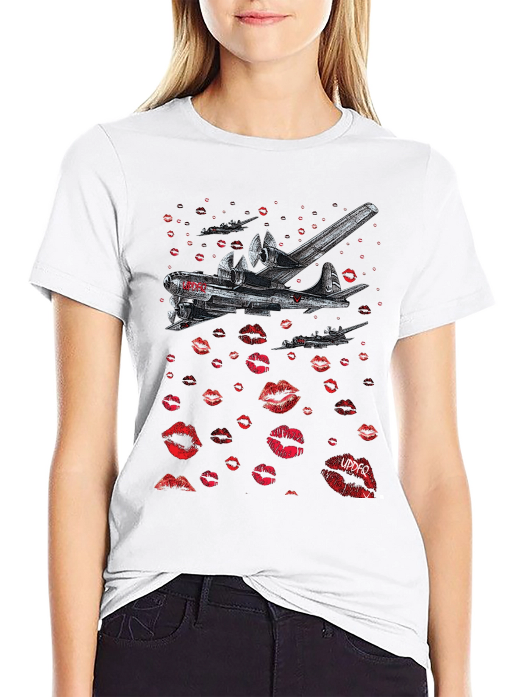 Bomber Plane Lips Print Graphic Tee - Unique Design