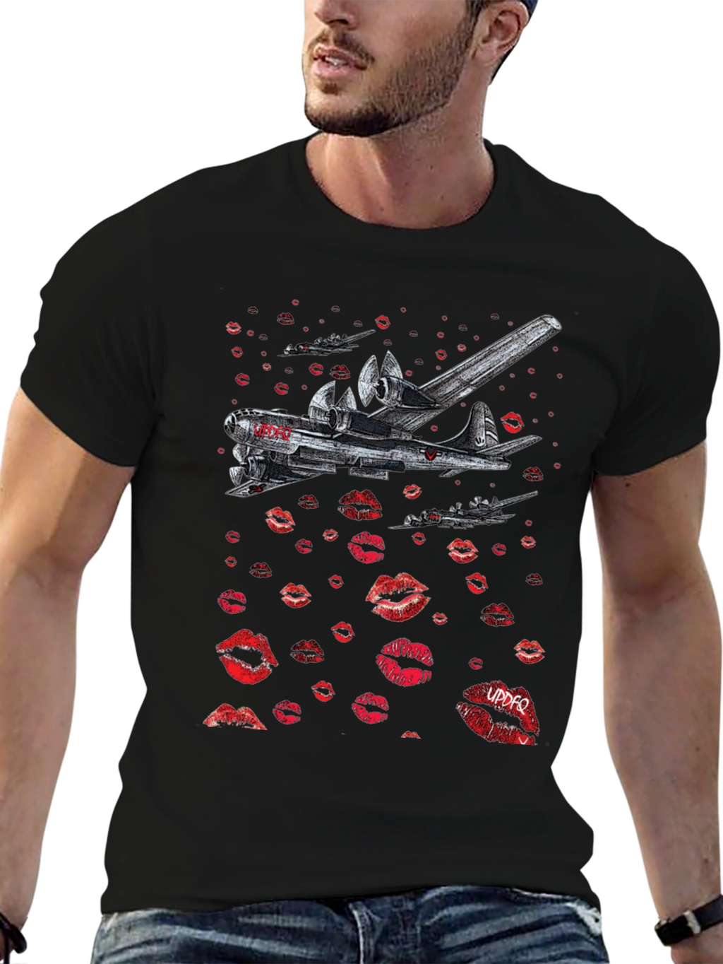 Bomber Plane Lips Print Graphic Tee - Unique Design