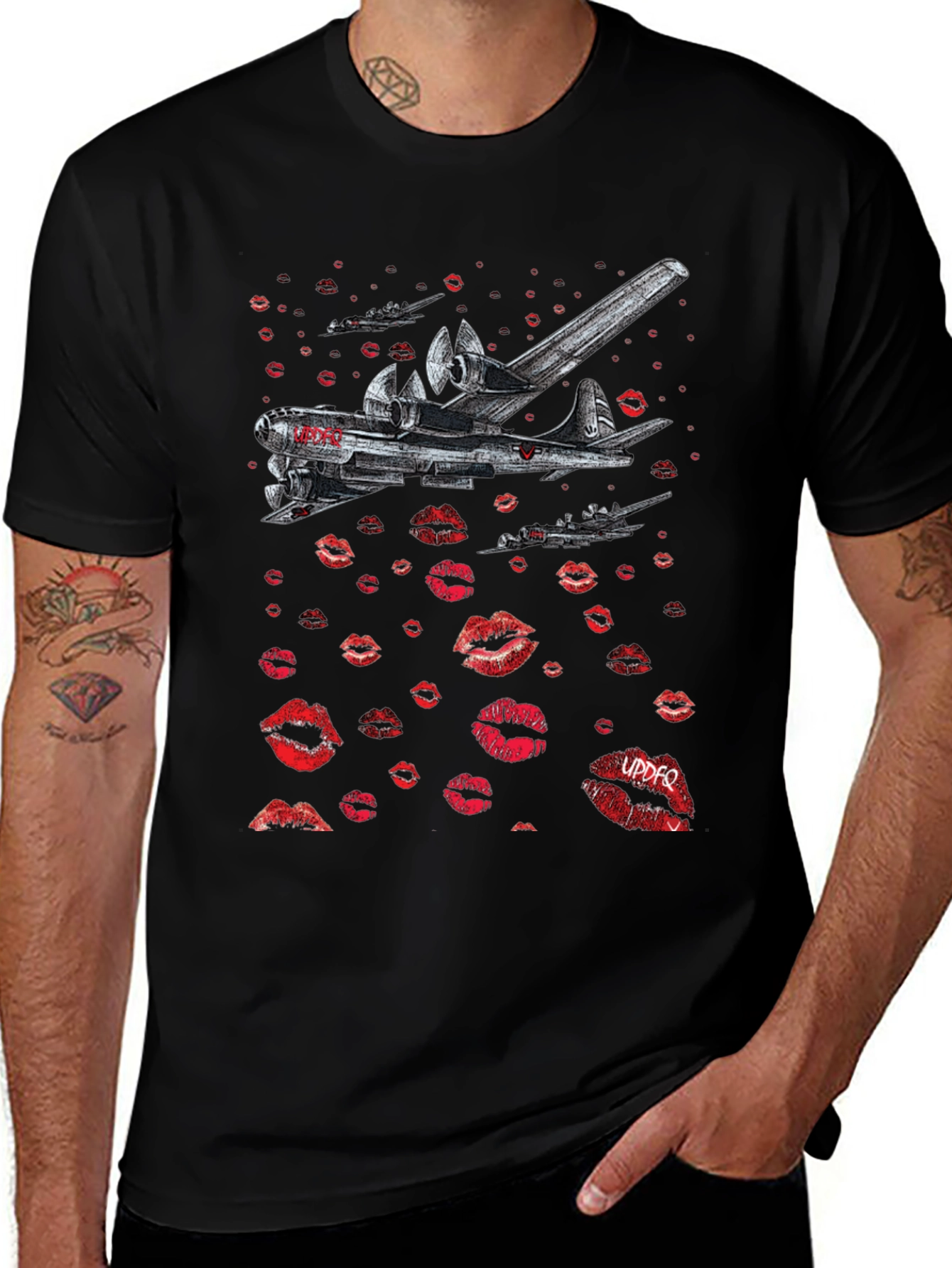Bomber Plane Lips Print Graphic Tee - Unique Design