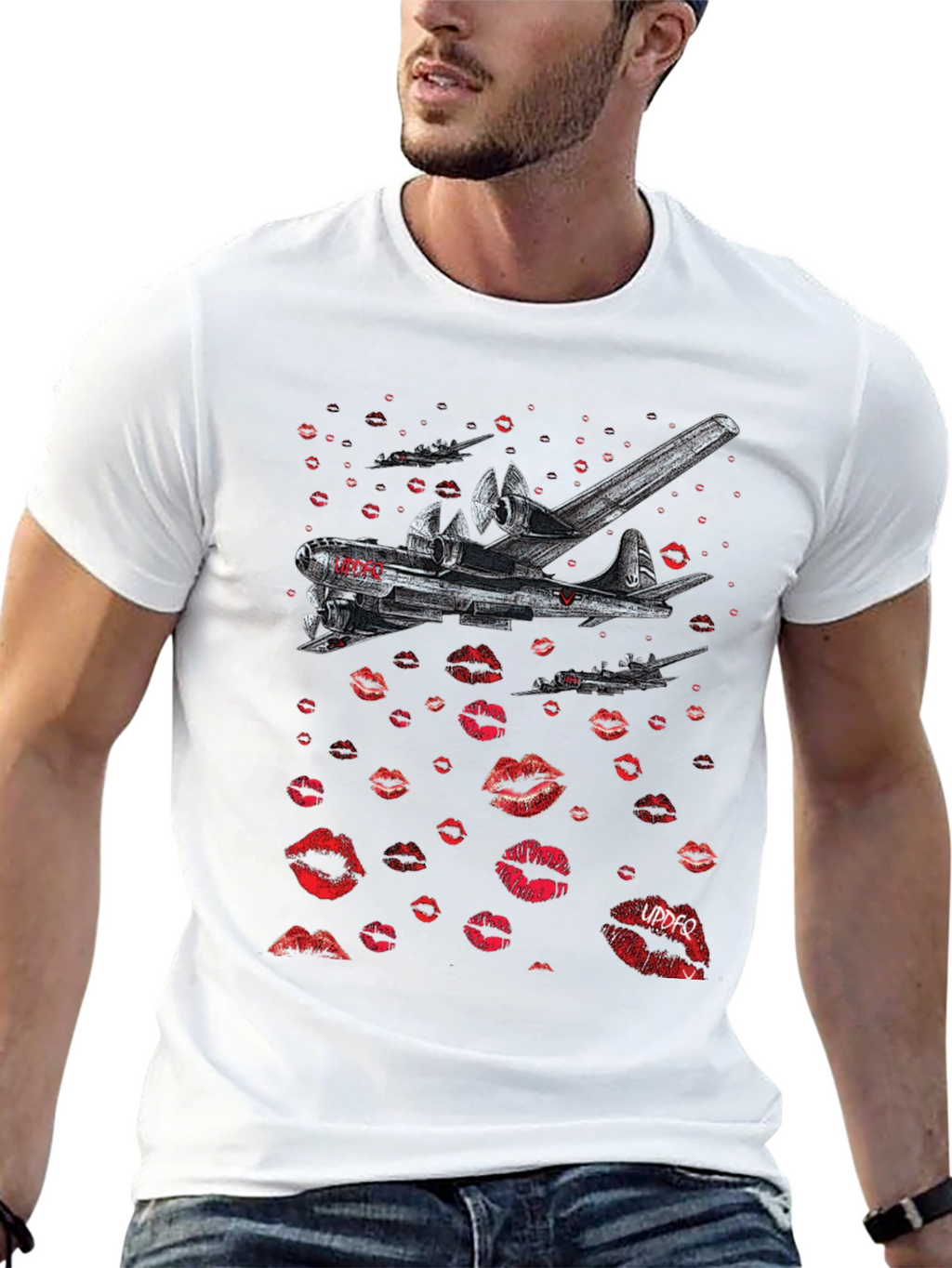 Bomber Plane Lips Print Graphic Tee - Unique Design