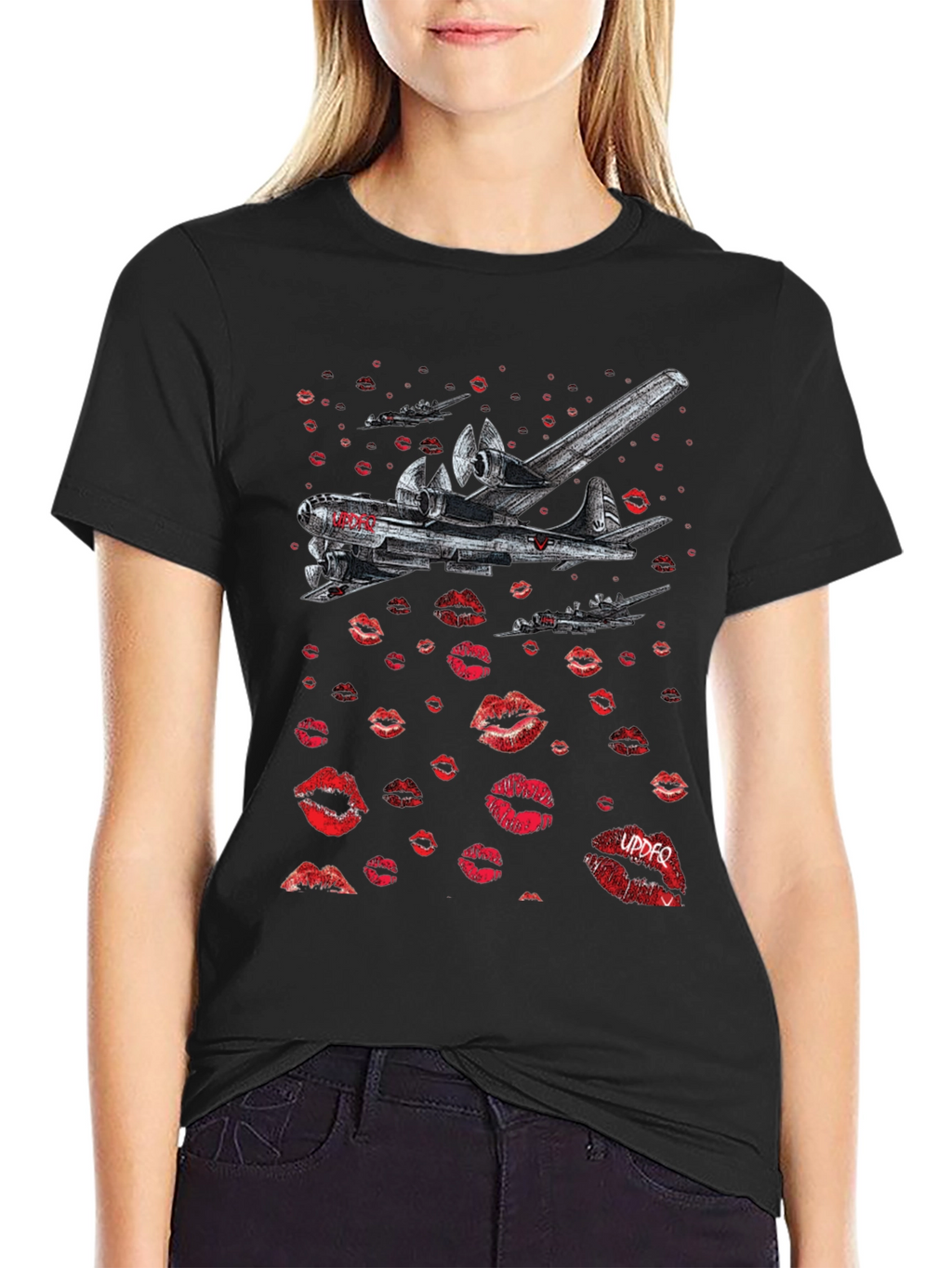 Bomber Plane Lips Print Graphic Tee - Unique Design