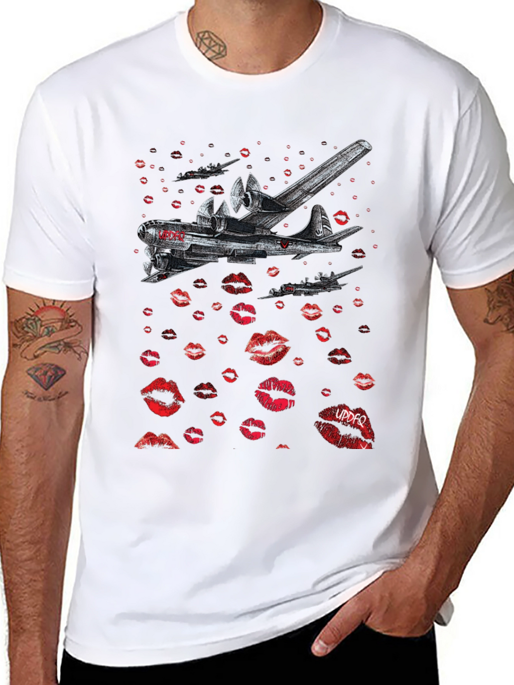 Bomber Plane Lips Print Graphic Tee - Unique Design