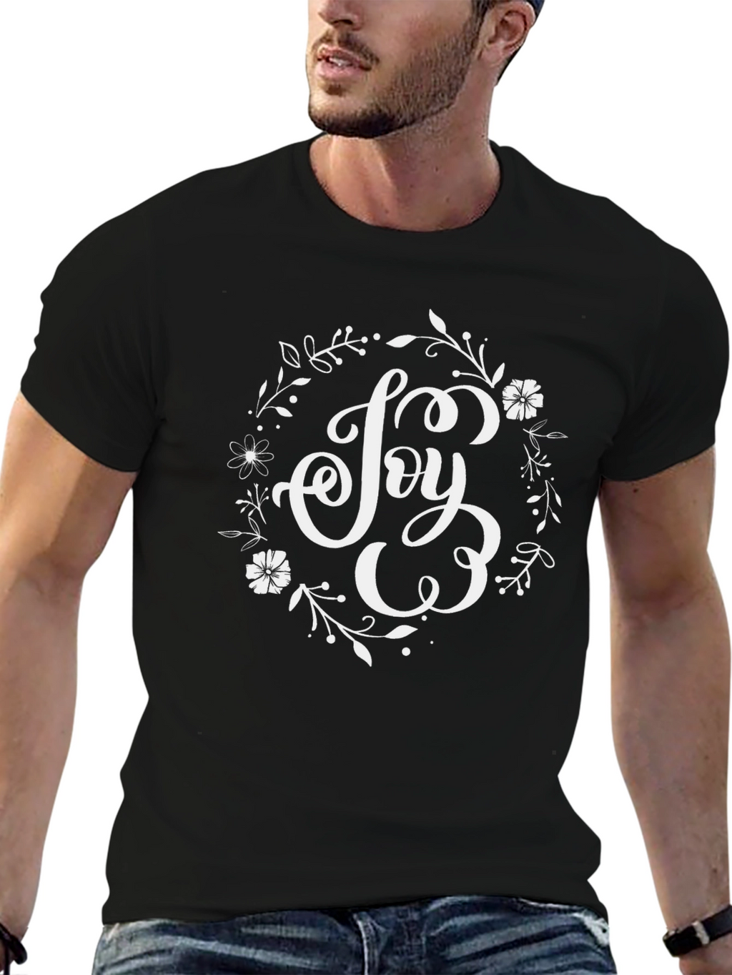 Joy Floral Wreath Graphic Tee - Black