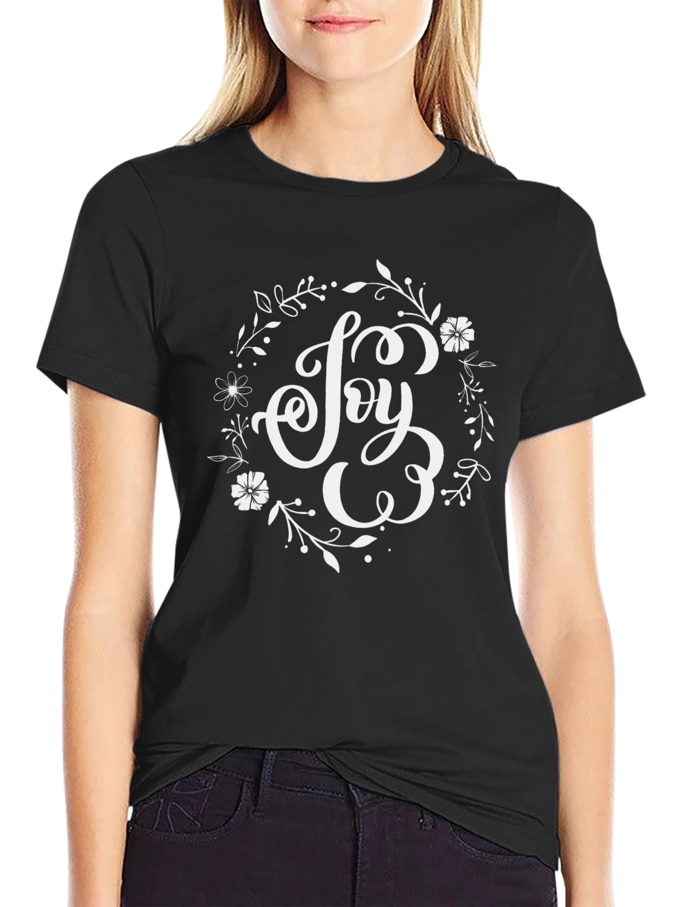 Joy Floral Wreath Graphic Tee - Black