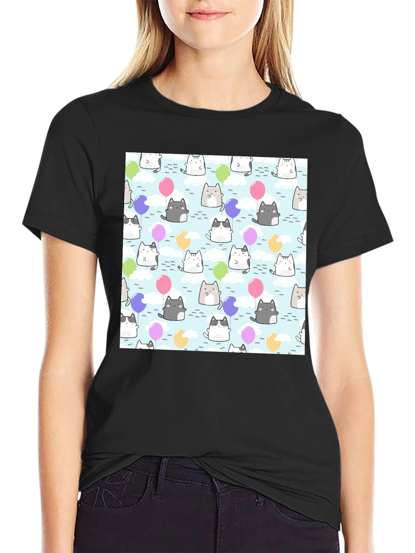 Kawaii Cats Balloon Pattern T-Shirt