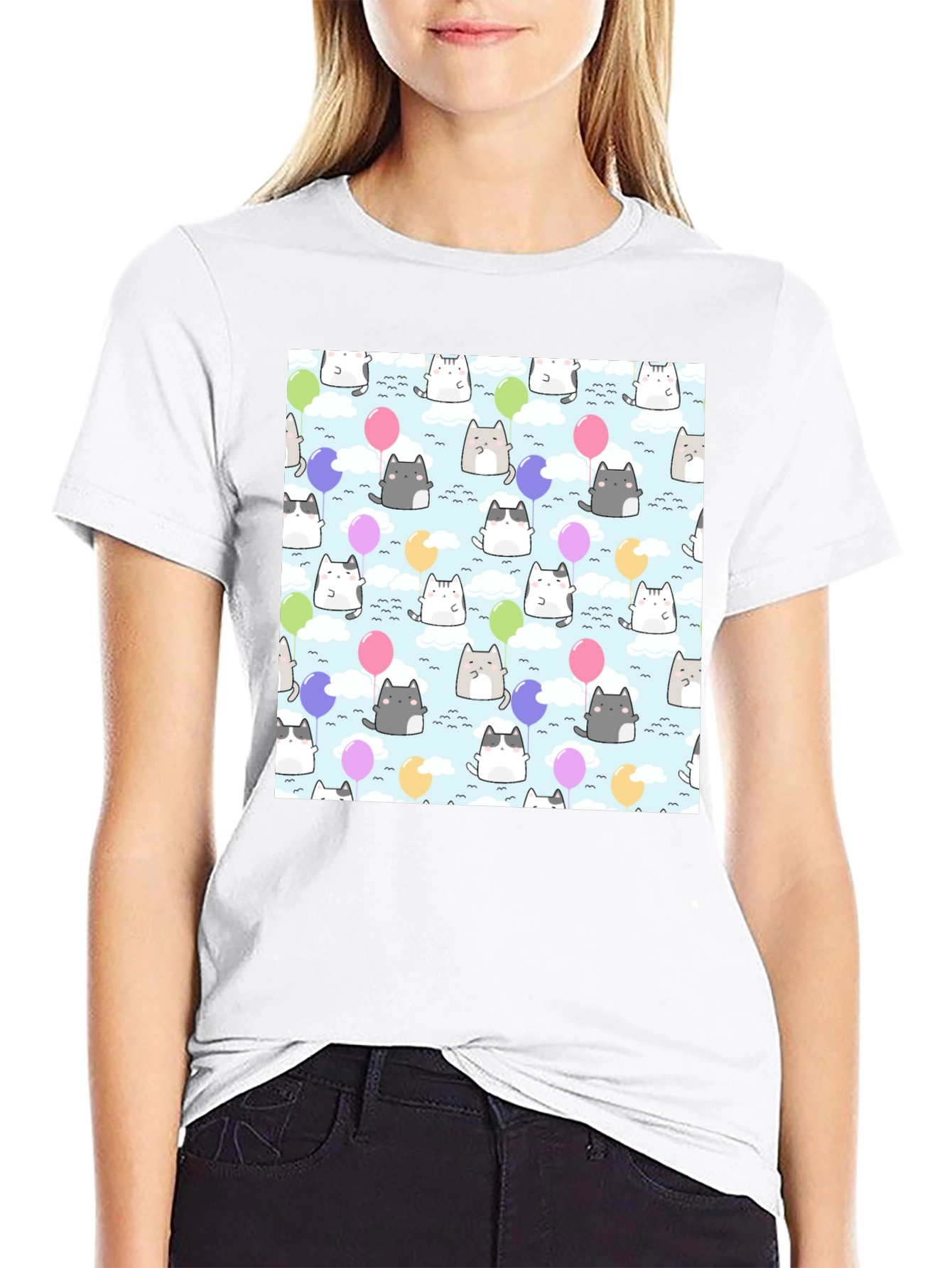 Kawaii Cats Balloon Pattern T-Shirt