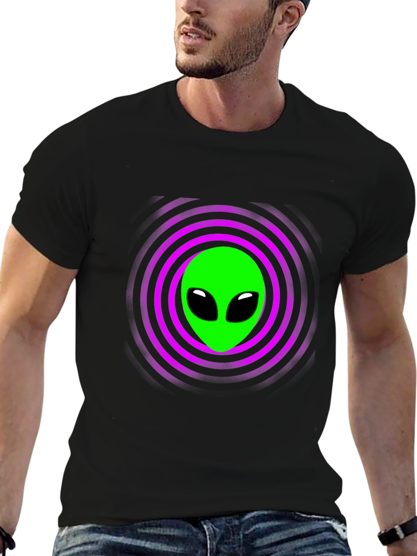 Alien Graphic T-Shirt - Green Face Purple Rings Black Tee