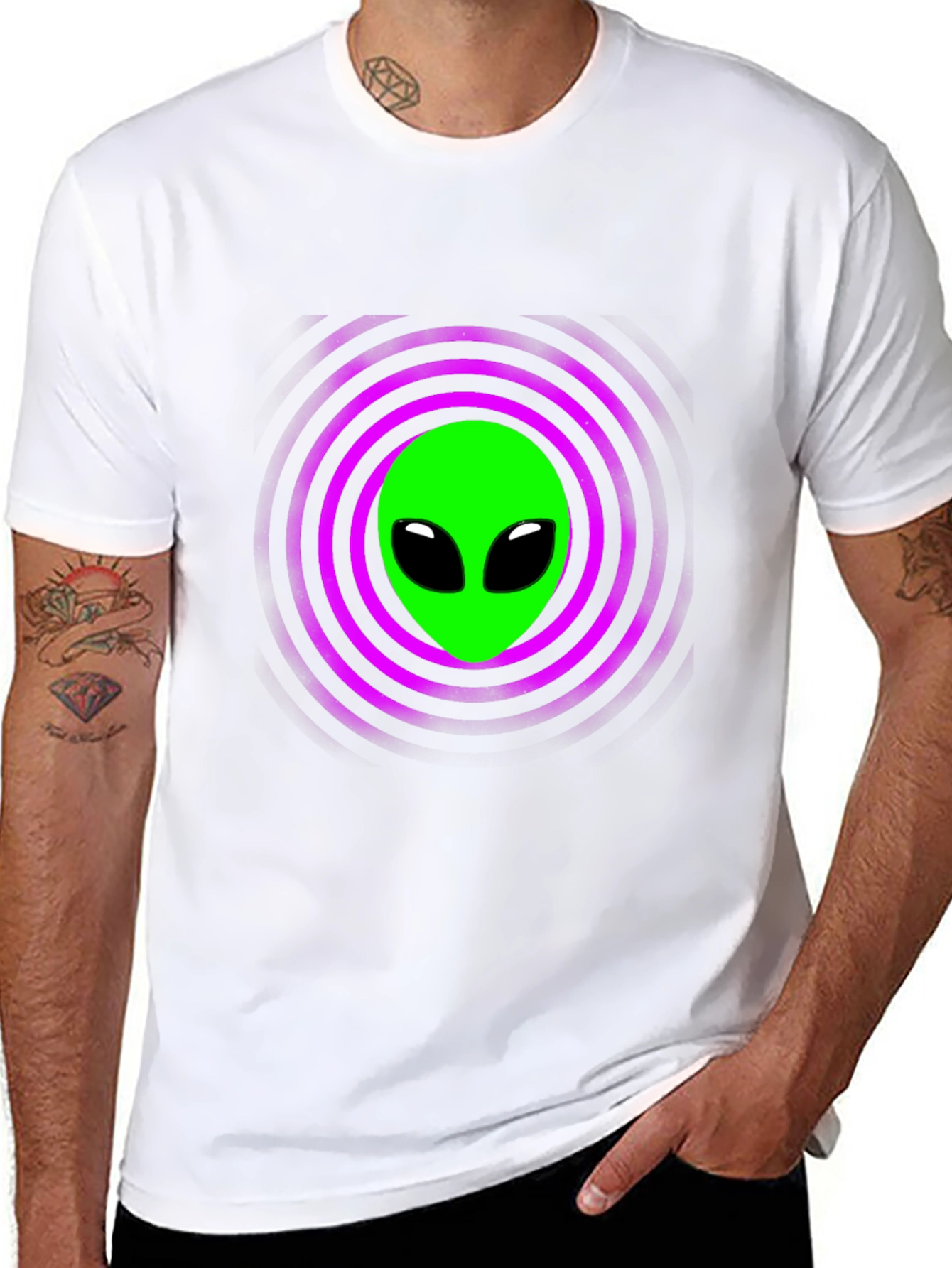 Alien Graphic T-Shirt - Green Face Purple Rings Black Tee