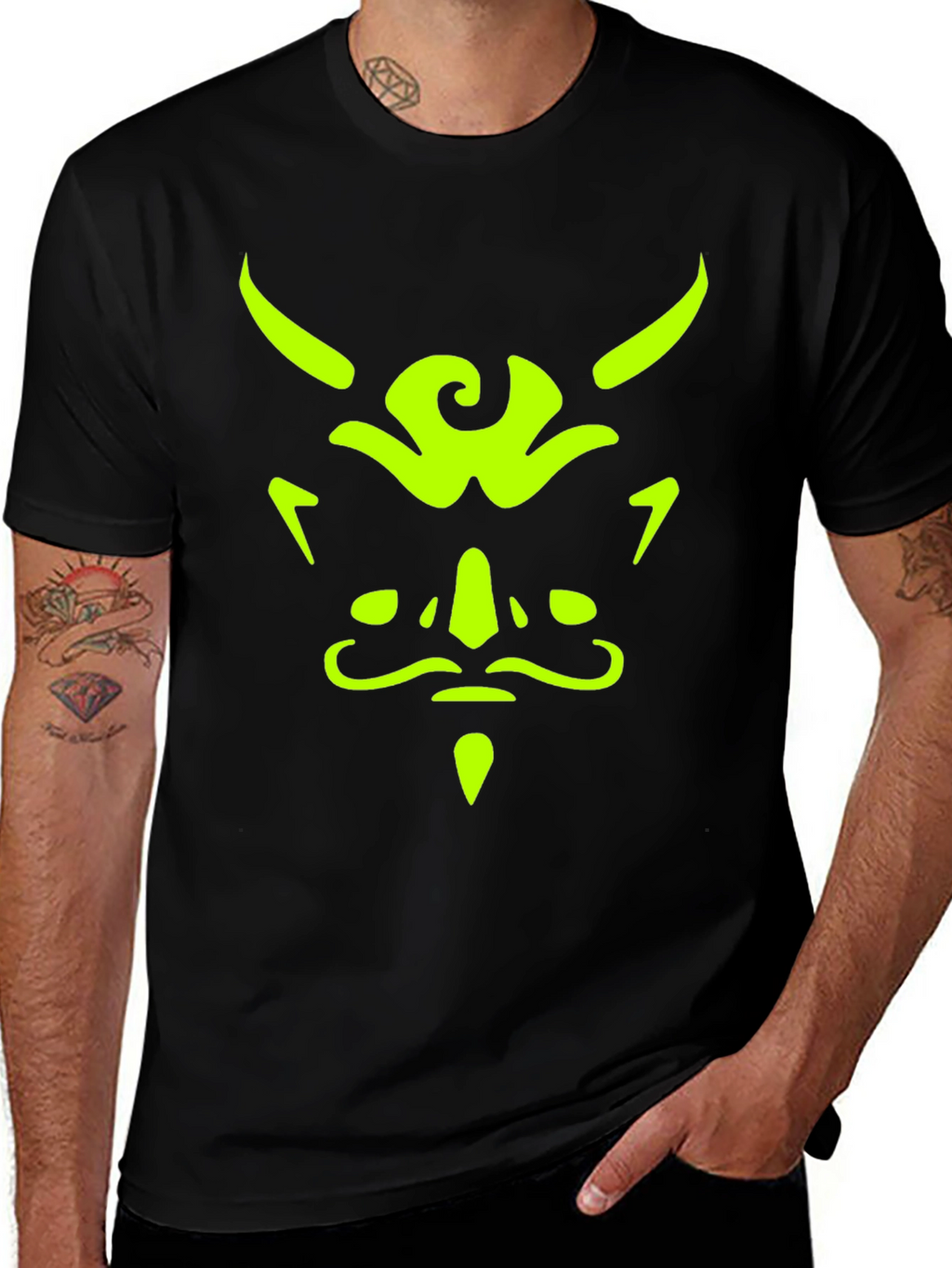 Mens Black T-Shirt with Neon Green Demon Face Graphic
