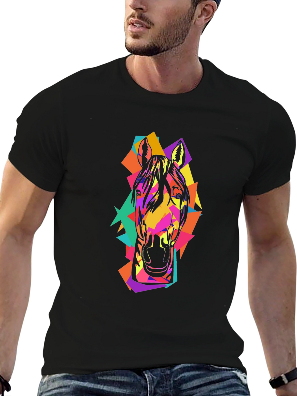 Geometric Horse Head Graphic Black T-Shirt