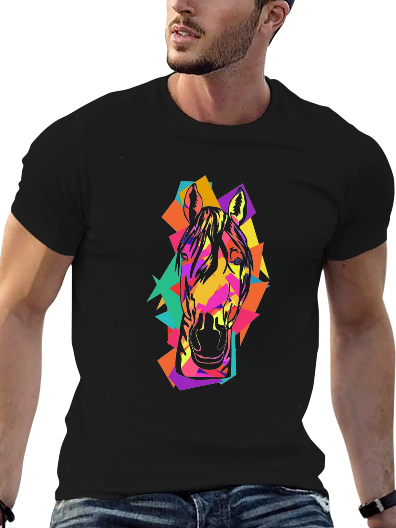 Geometric Horse Head Graphic Black T-Shirt
