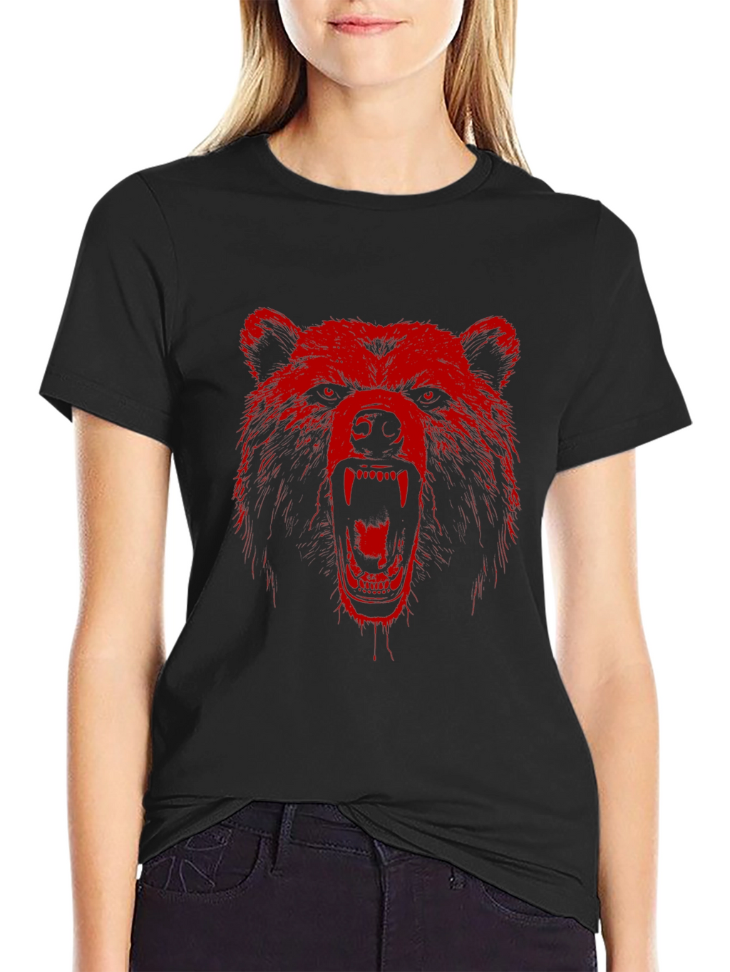 Red Bear Graphic Print Black T-Shirt
