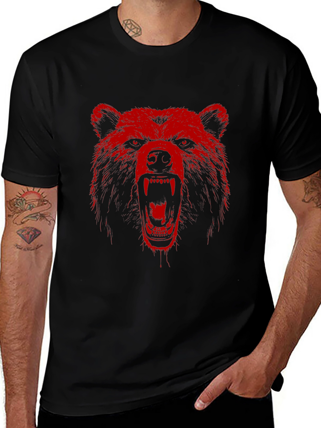 Red Bear Graphic Print Black T-Shirt