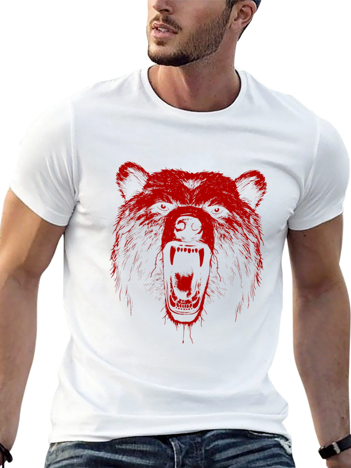 Red Bear Graphic Print Black T-Shirt