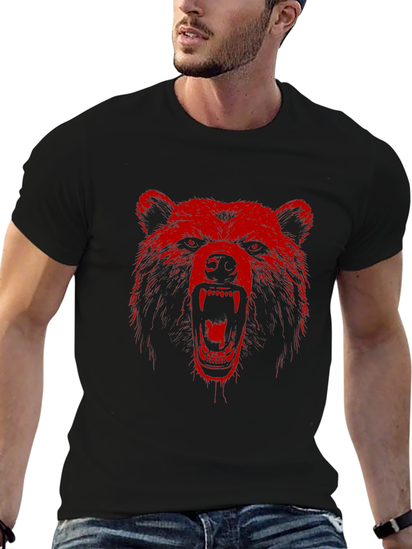 Red Bear Graphic Print Black T-Shirt