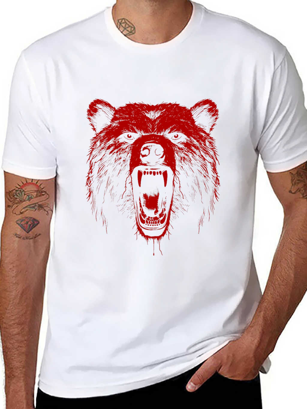 Red Bear Graphic Print Black T-Shirt