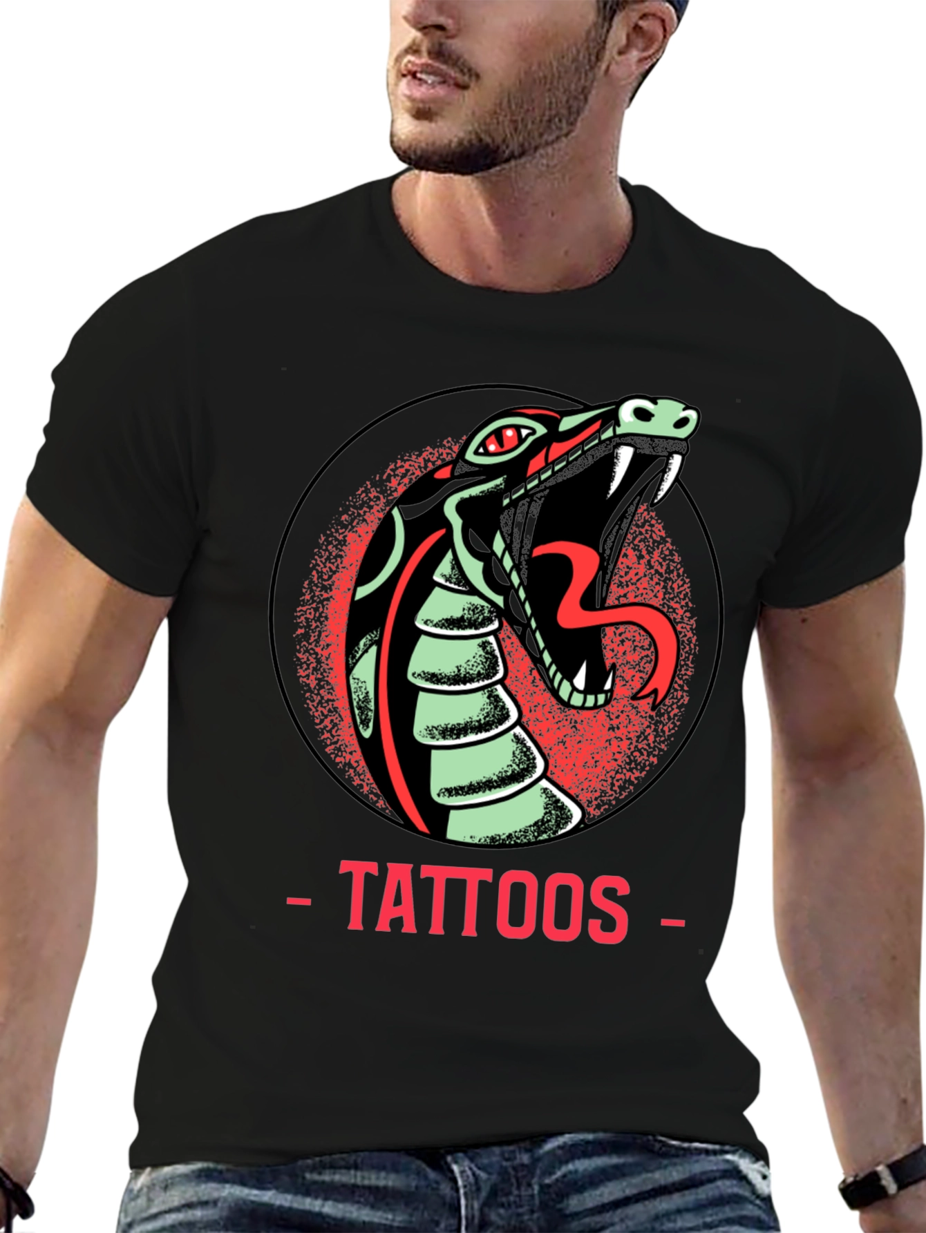 Snake Tattoo Graphic Tee - Edgy Mens Black T-Shirt