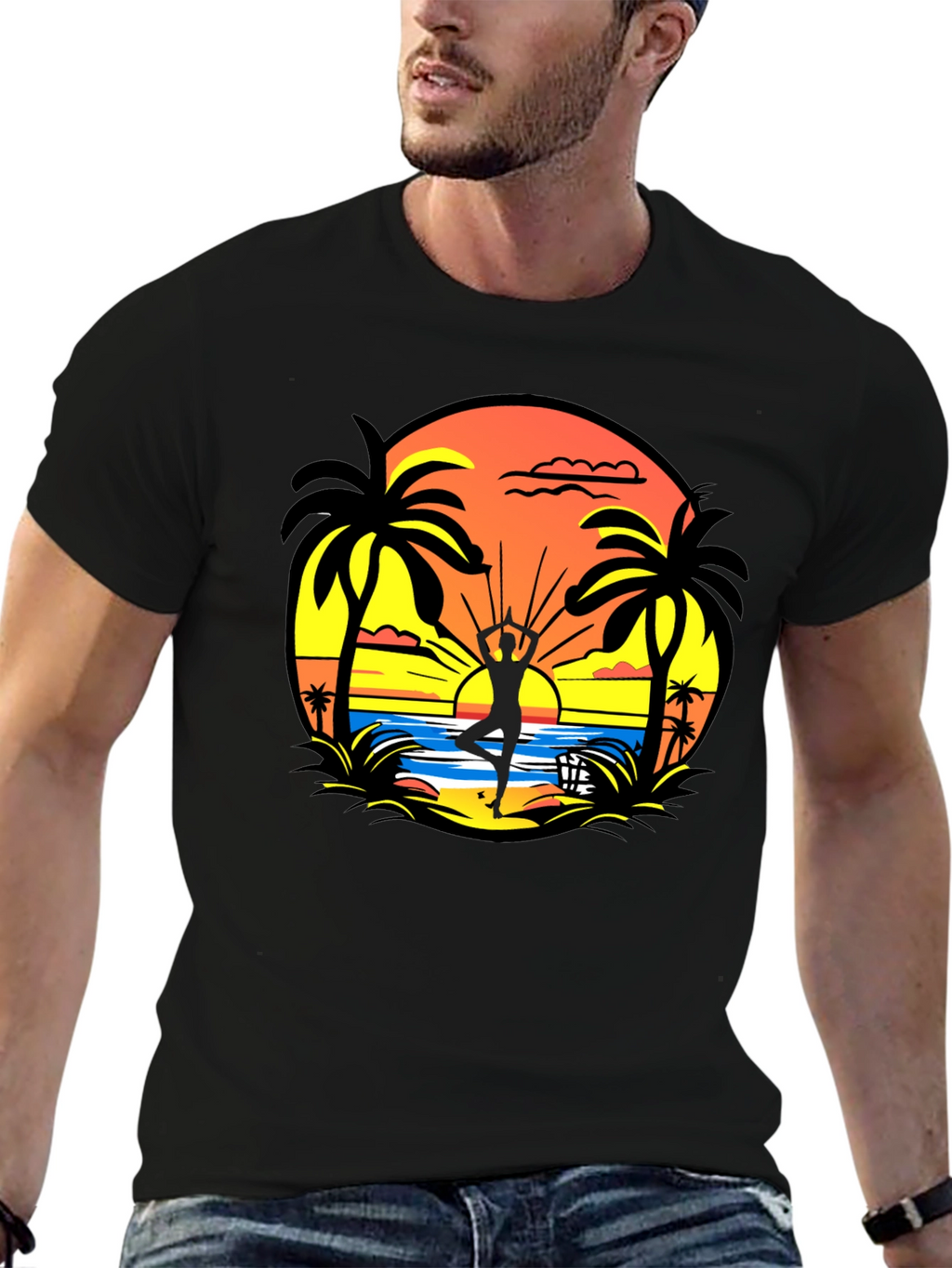 Sunset Beach Yoga Black T-Shirt