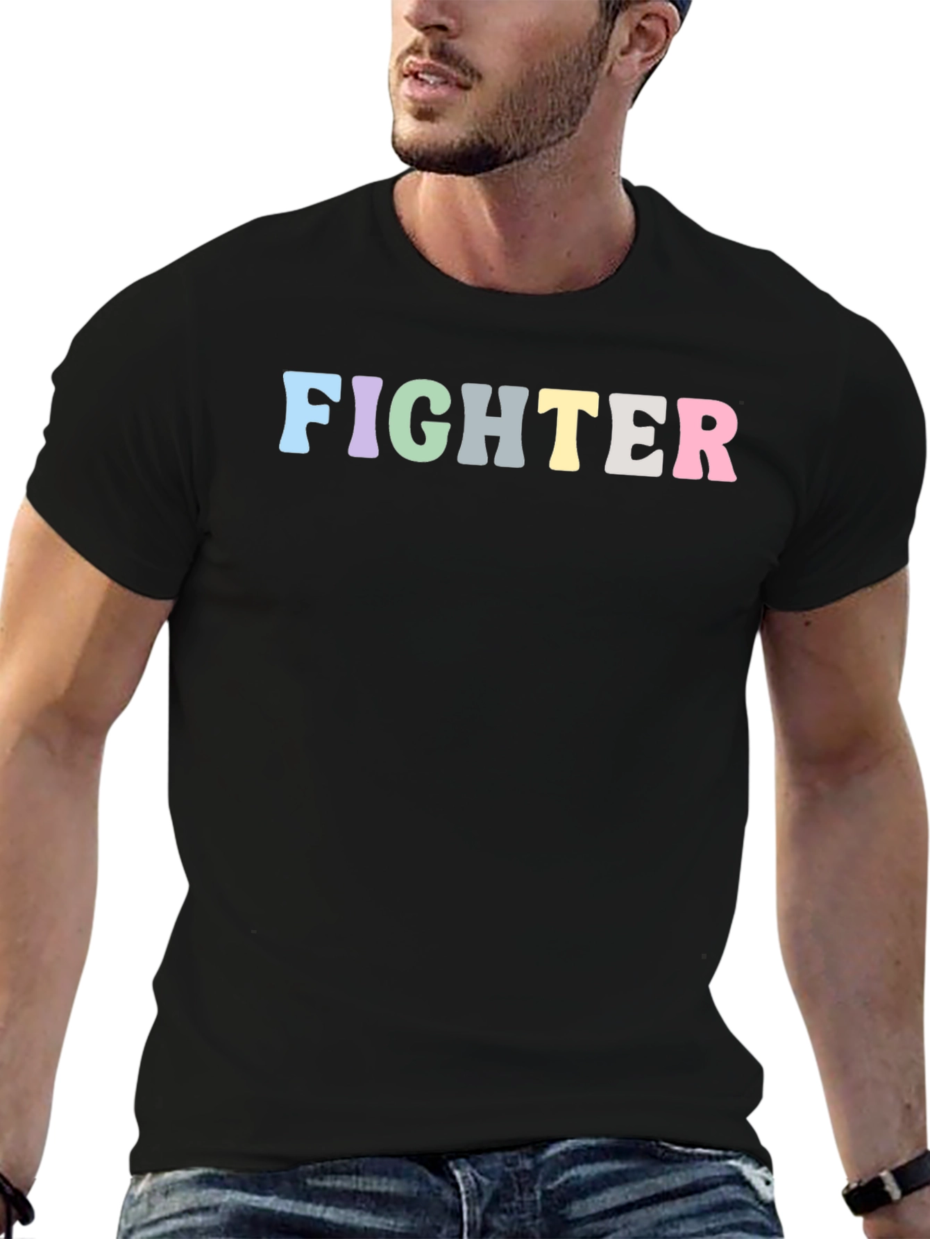 Fighter Rainbow Text Black T-Shirt